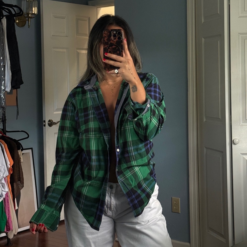 American Eagle Outfitters Mens Classic Fit Green Blue Plaid Button Down Shirt M